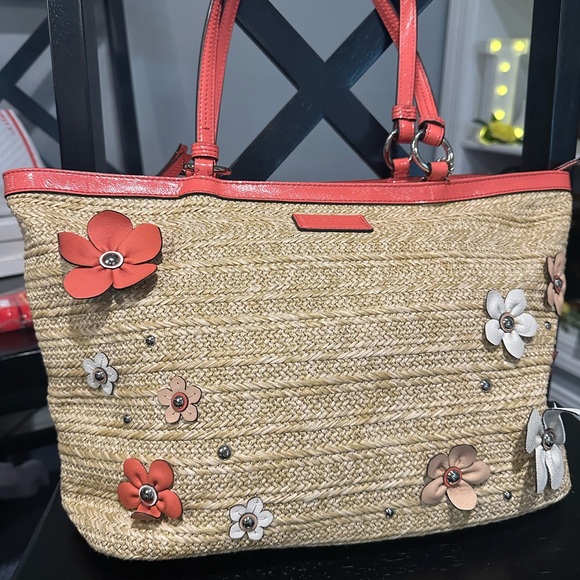 Bags | Coach Straw Floral Embellished Tan And Red Tote Bag | Poshmark